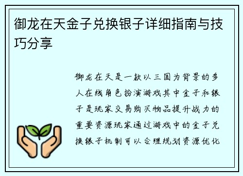 御龙在天金子兑换银子详细指南与技巧分享